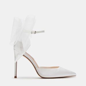 Steve Madden White Satin Pointed-Toe Stiletto with Tulle Ankle Wrap